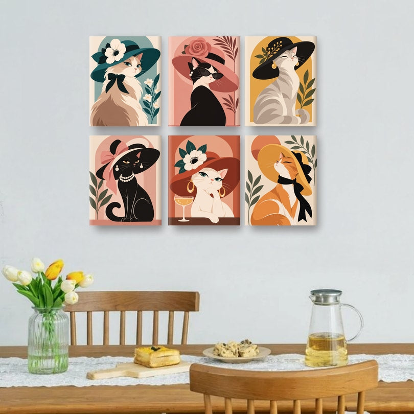 6 Mini Paintings - Lady Cat Hat Set