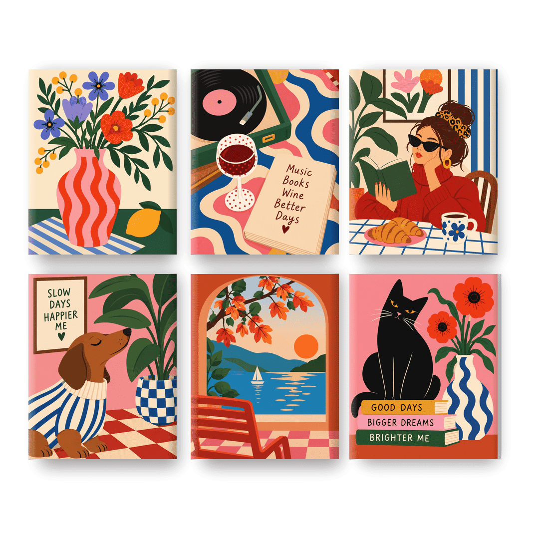 6 Mini Paintings - Bold Flower Vase Set