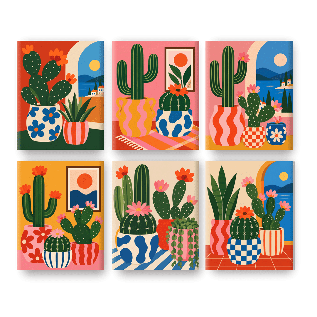 6 Mini Paintings - Mediterranean Cactus Set