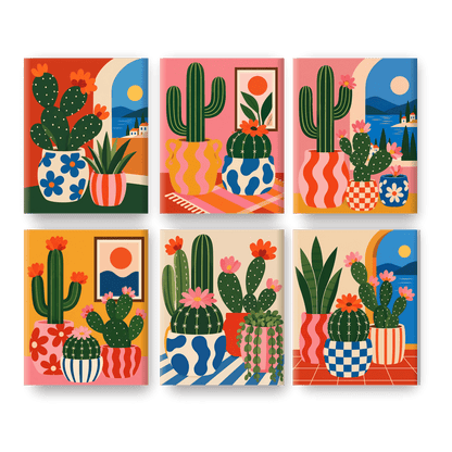 6 Mini Paintings - Mediterranean Cactus Set