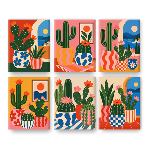 6 Mini Paintings - Mediterranean Cactus Set