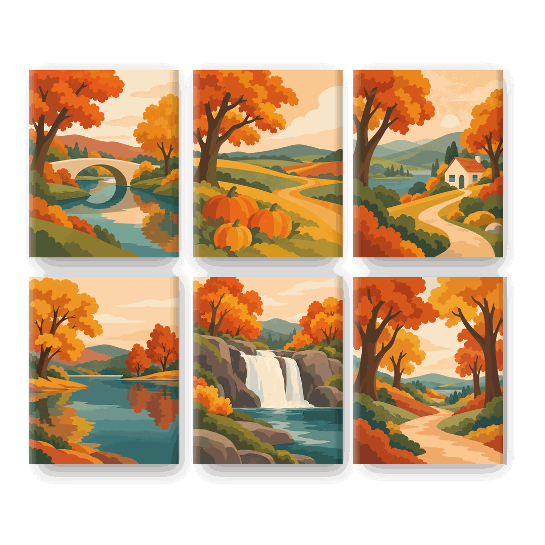 6 minicuadros - Puente sobre el río en otoño