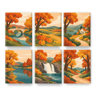 6 minicuadros - Puente sobre el río en otoño