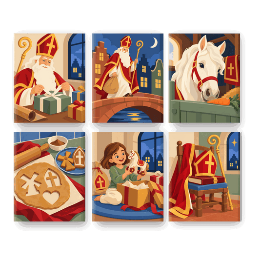 6 minicuadros - San Nicolás envolviendo regalos
