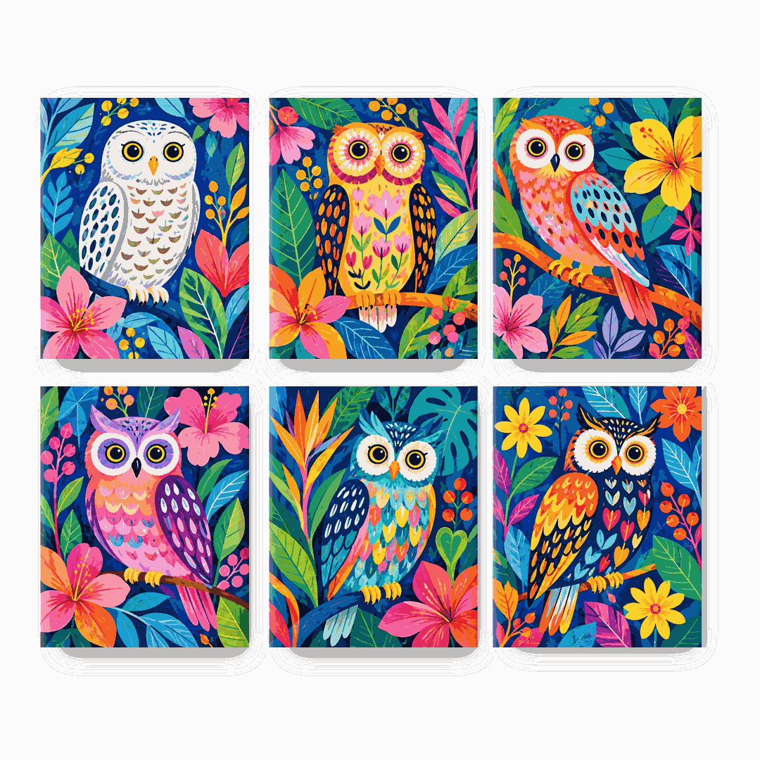 6 Mini Paintings - Jewel Owls Set