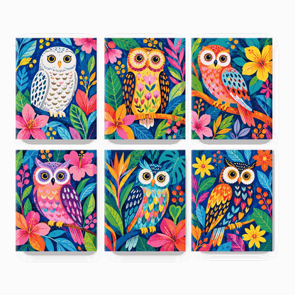 6 Mini Paintings - Jewel Owls Set