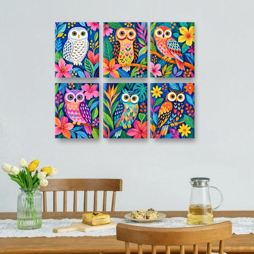 6 Mini Paintings - Jewel Owls Set