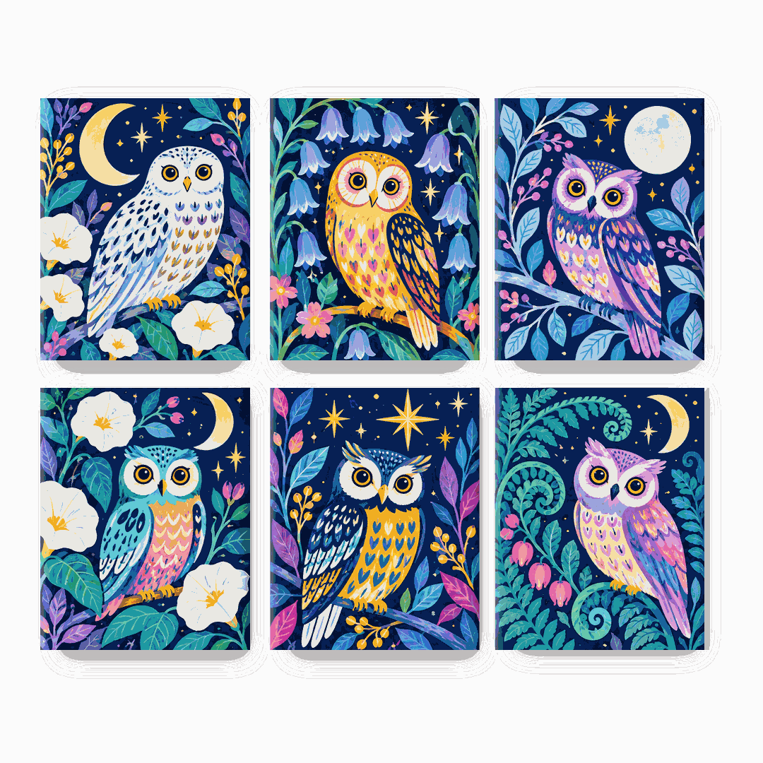 6 Mini Paintings - Moonlit Garden Owls Set