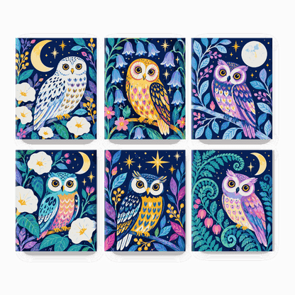 6 Mini Paintings - Moonlit Garden Owls Set