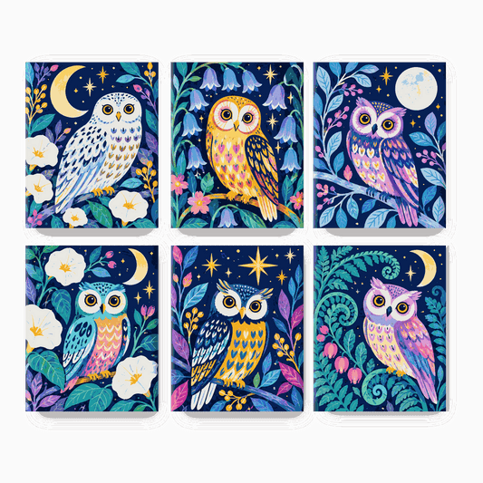6 minicuadros - Búhos del jardín a la luz de la luna