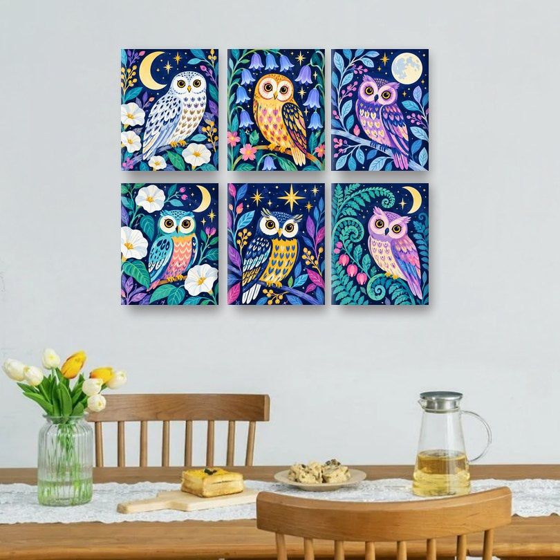 6 Mini Paintings - Moonlit Garden Owls Set