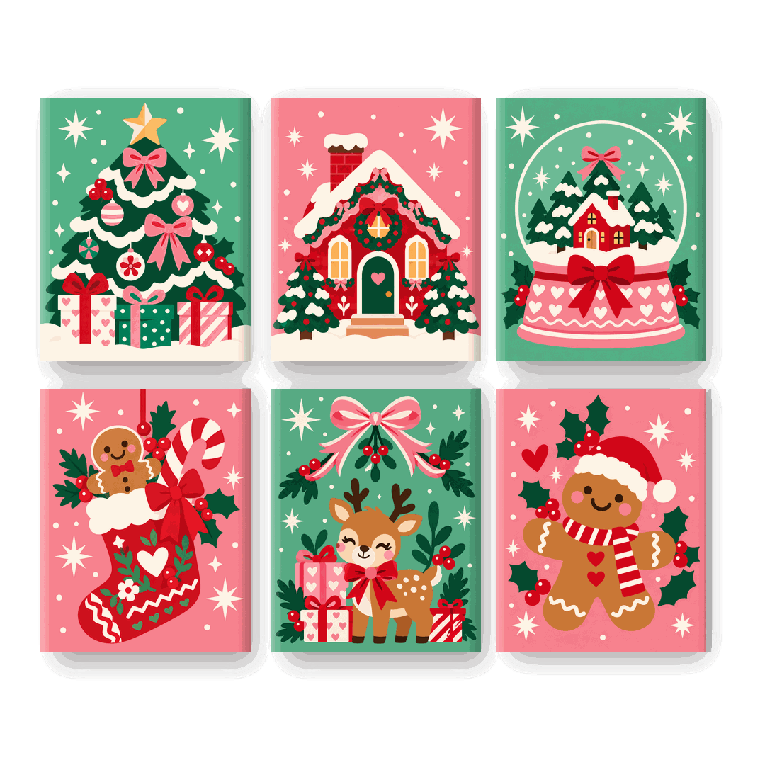 6 Mini Paintings - Retro Christmas Tree Set