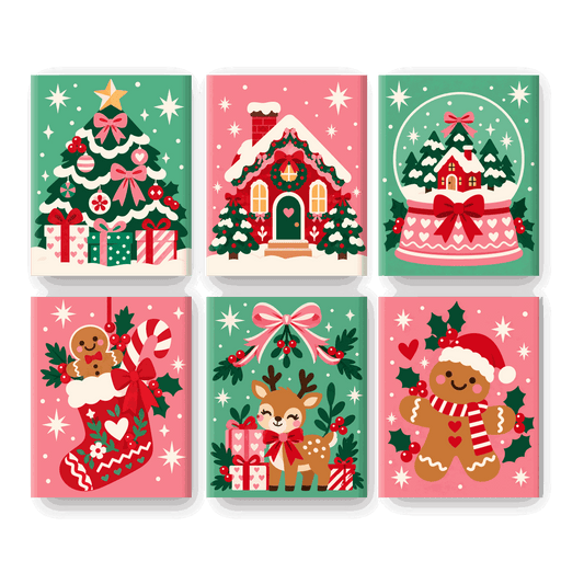 6 Mini Paintings - Retro Christmas Tree Set