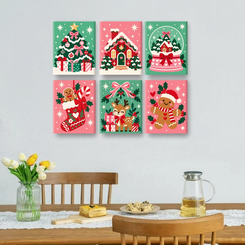 6 Mini Paintings - Retro Christmas Tree Set