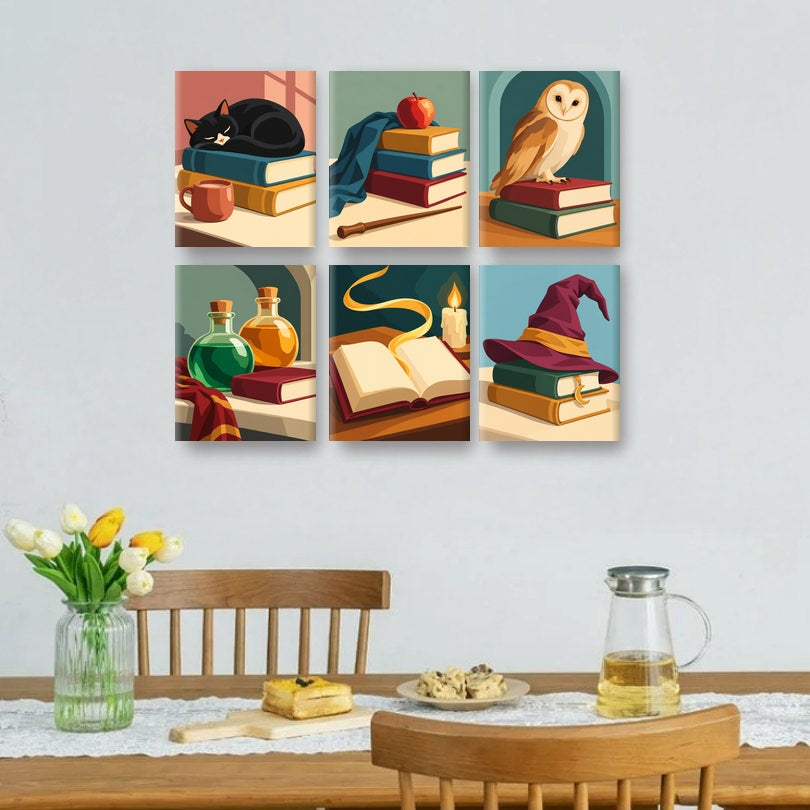 6 Mini Paintings - Cozy Reading Cat Set