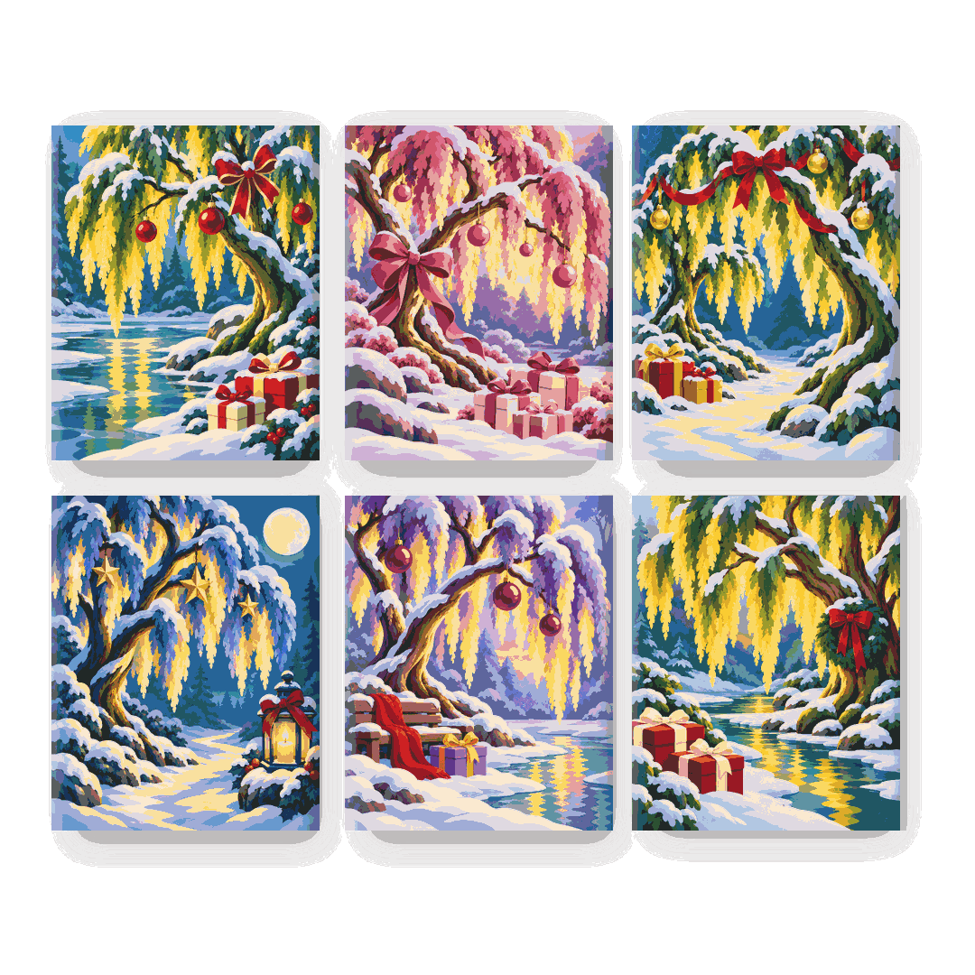 6 Mini Paintings - Christmas Willow Lake Set