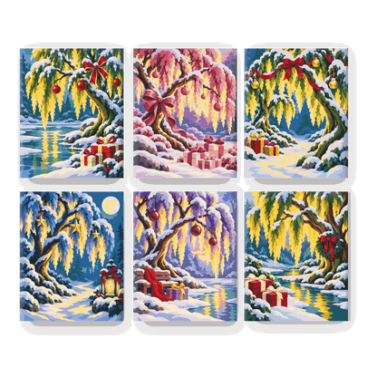 6 Mini Paintings - Christmas Willow Lake Set