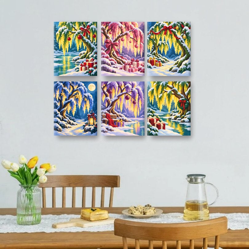 6 Mini Paintings - Christmas Willow Lake Set