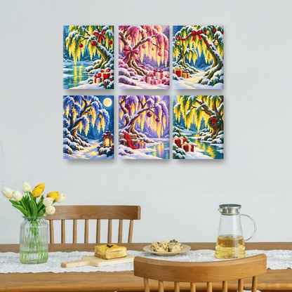6 Mini Paintings - Christmas Willow Lake Set