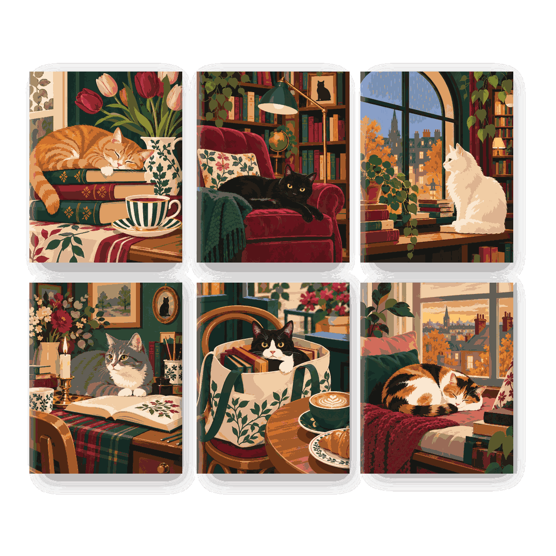 6 Mini Paintings - Bookish Cats Set