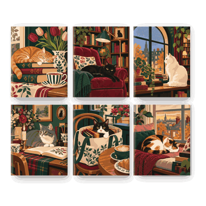 6 Mini Paintings - Bookish Cats Set