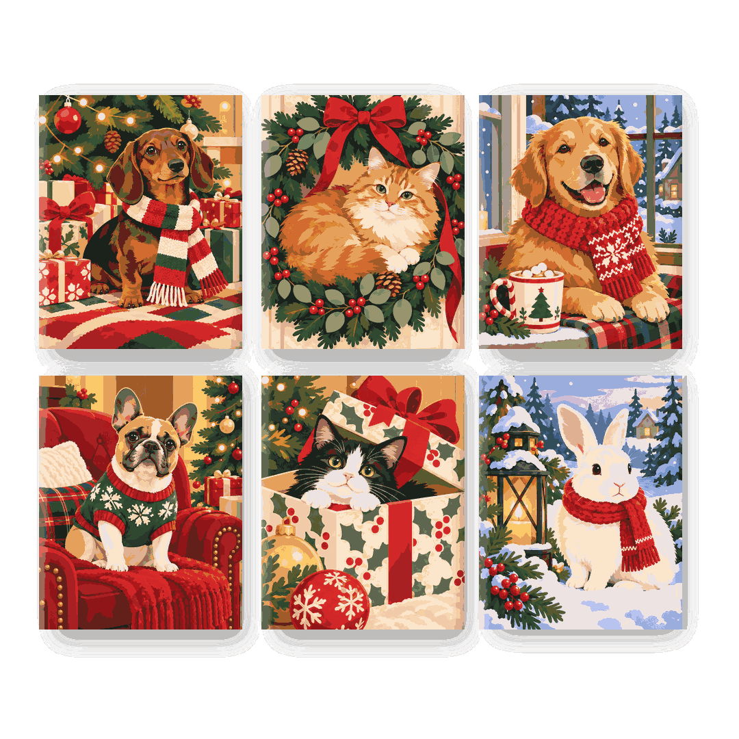 6 Mini Paintings - Cozy Pet Christmas Set