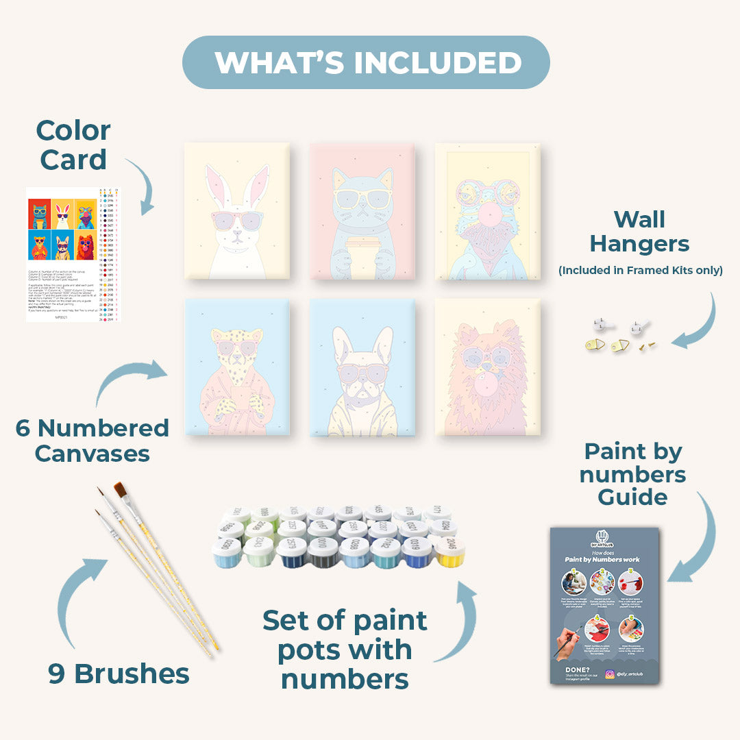 6 Mini Paintings | Cool Animals Set – Diy Art Club