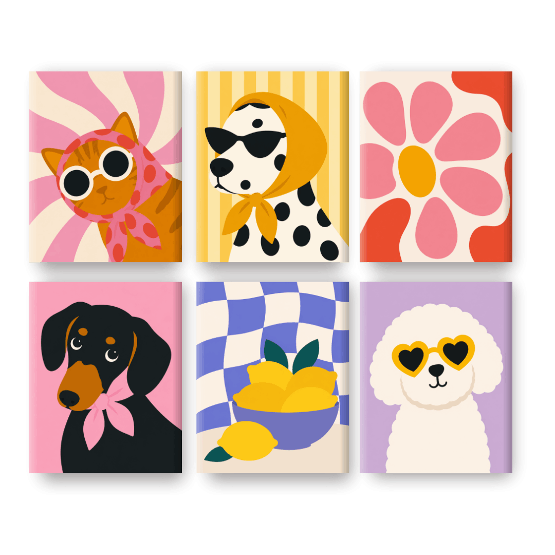 6 Mini Paintings - Groovy Pets Set- Paint by Numbers