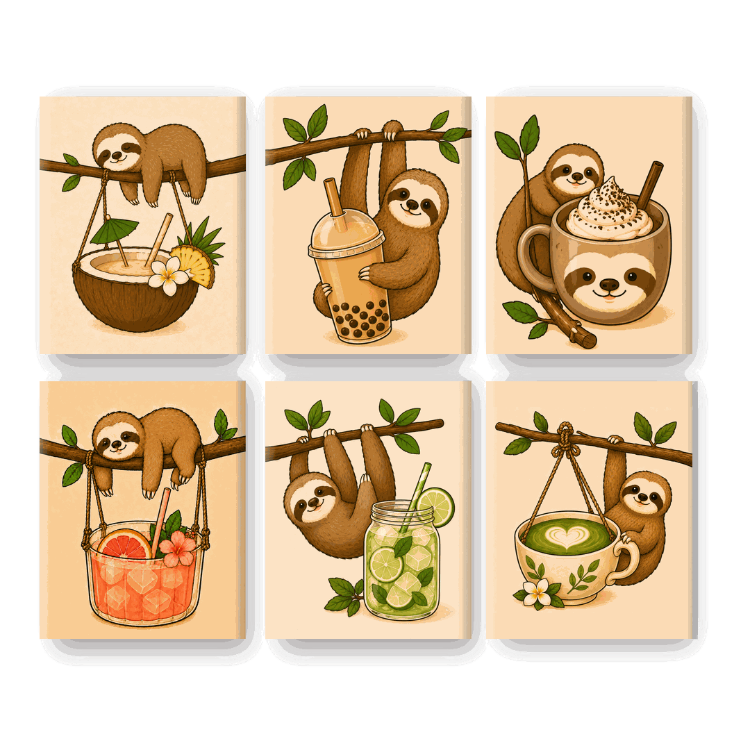 6 Mini Paintings - Sloths & Drinks Set- Paint by Numbers
