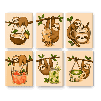6 Mini Paintings - Sloths & Drinks Set- Paint by Numbers
