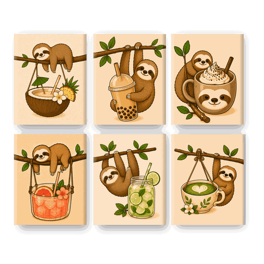 6 Mini Paintings - Sloths & Drinks Set- Paint by Numbers