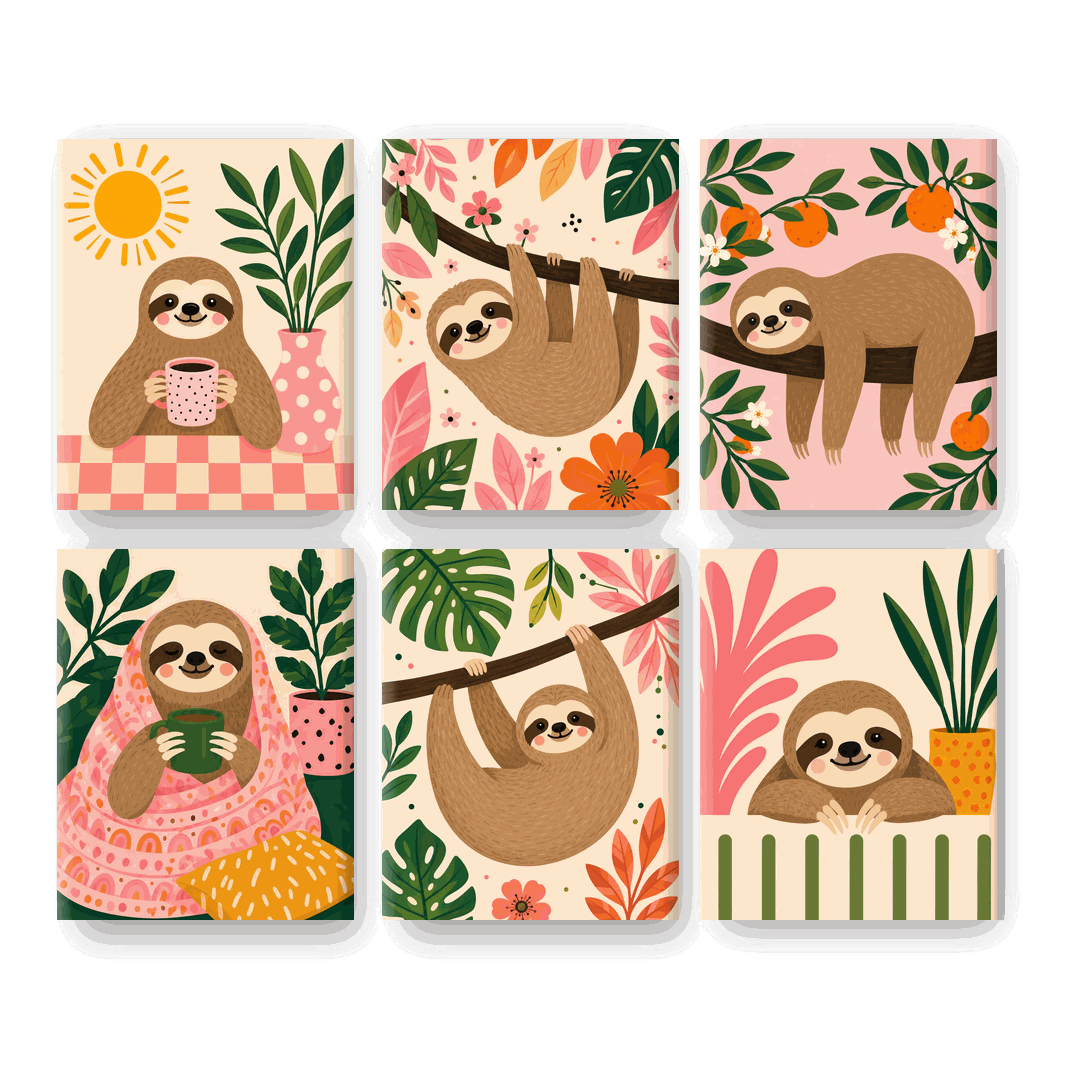 6 Mini Paintings - Morning Sloth Set- Paint by Numbers