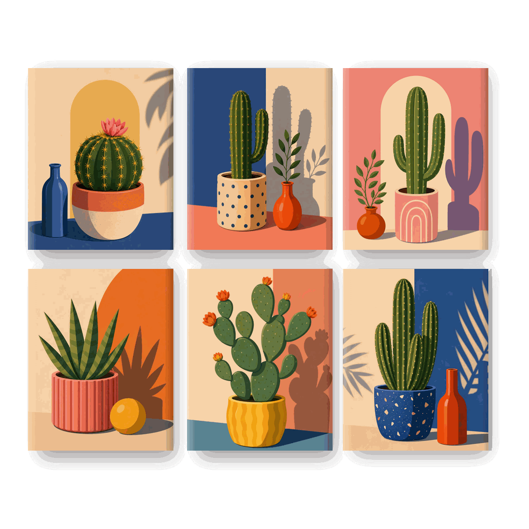 6 Mini-tableaux - Blooming Cactus Ensemble- Peinture par numéros