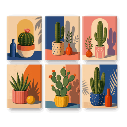 6 Mini-tableaux - Blooming Cactus Ensemble- Peinture par numéros