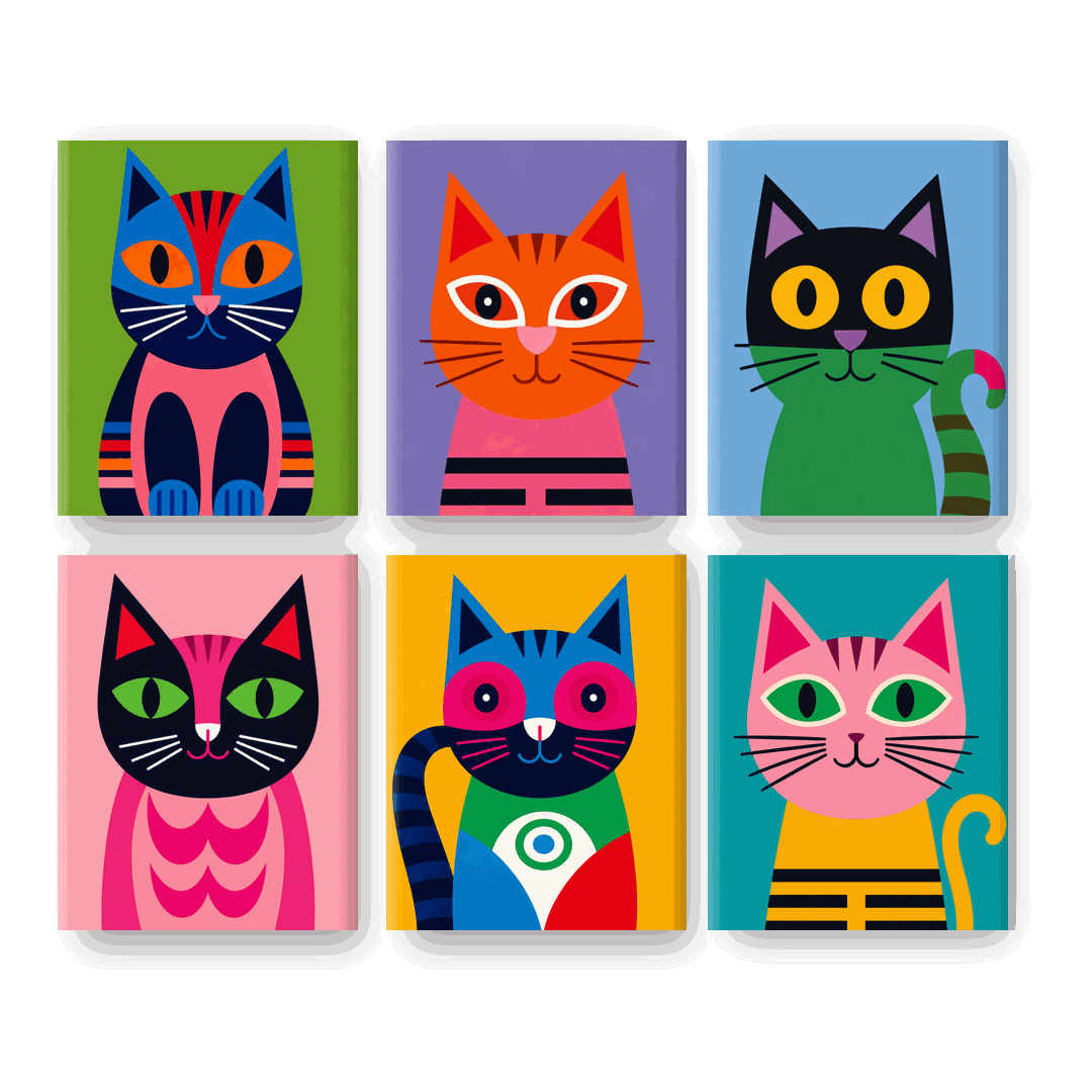 6 Mini-tableaux - Set Chats en Technicolor - Peinture par numéros