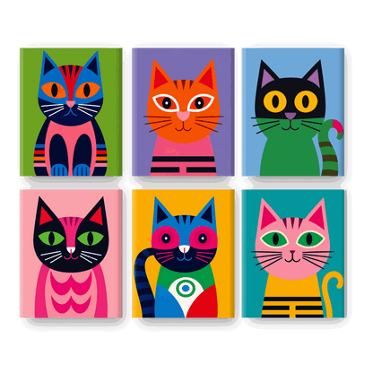 6 Mini-tableaux - Set Chats en Technicolor - Peinture par numéros