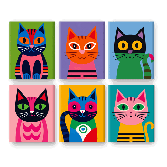 6 Mini Paintings - Cats in Technicolor Set- Paint by Numbers