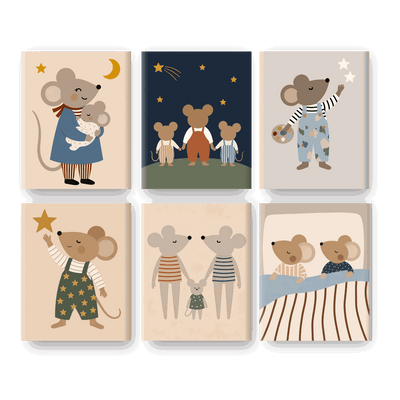 6 Mini Paintings - Happy Mice Family Set