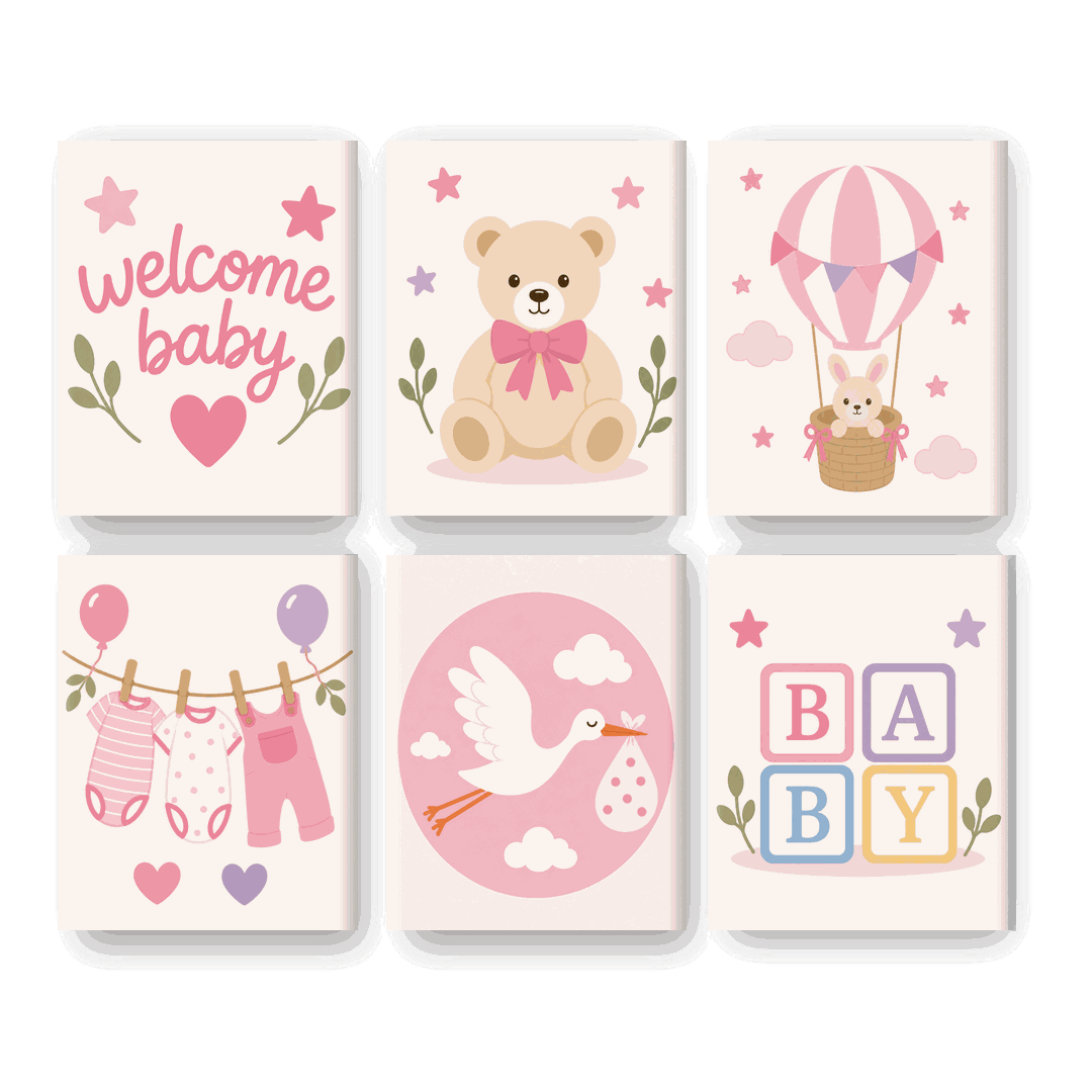6 Mini-tableaux - Ensemble Bienvenue Bébé Fille - Peinture par numéros