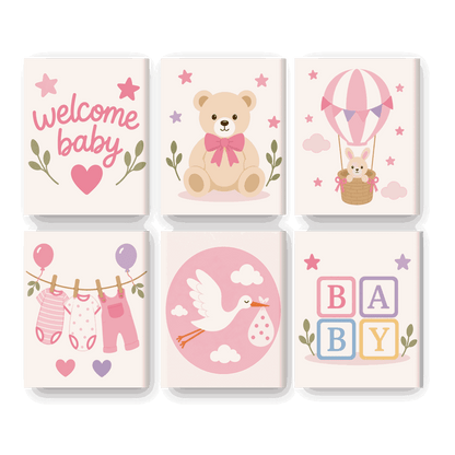 6 Mini-tableaux - Ensemble Bienvenue Bébé Fille - Peinture par numéros