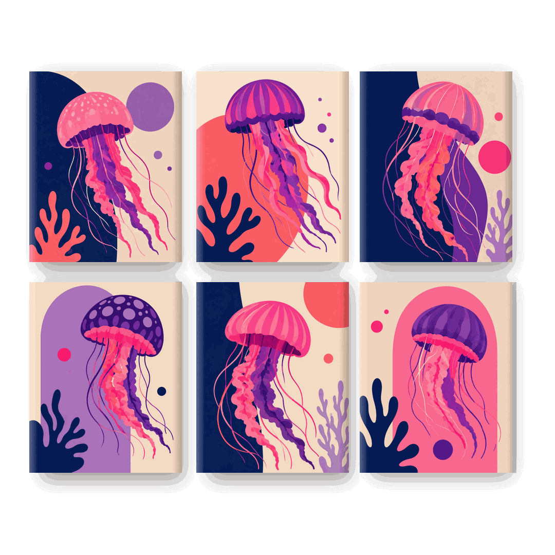 6 Mini-tableaux - Néon Méduse Ensemble- Peinture à numéros