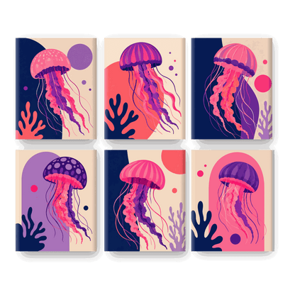 6 Mini-tableaux - Néon Méduse Ensemble- Peinture à numéros