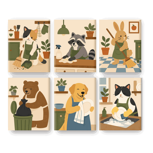 6 Mini-tableaux - Set Animaux Cuisine - Peinture à numéros