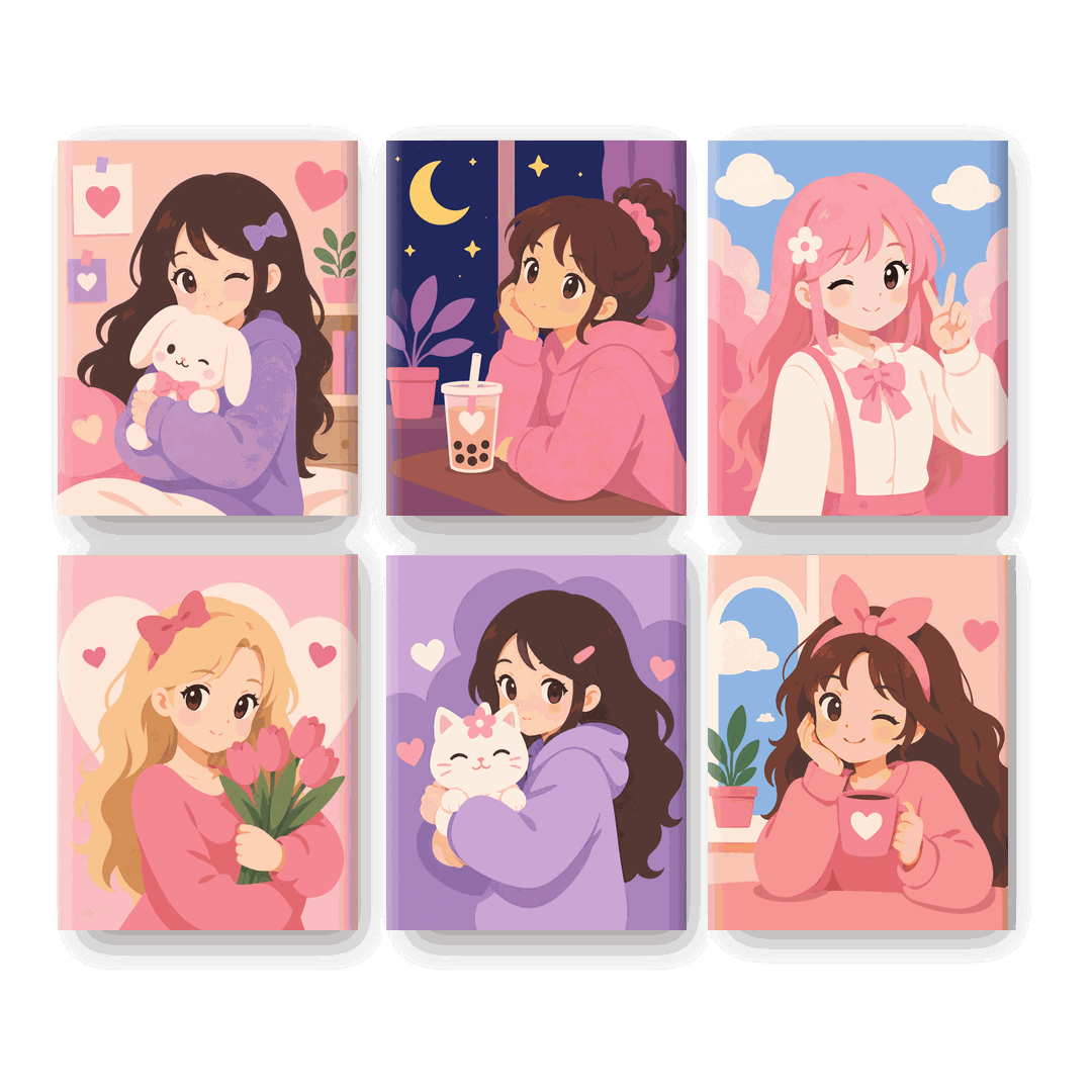 6 Mini Paintings - Kawaii Girl Set - Paint by numbers