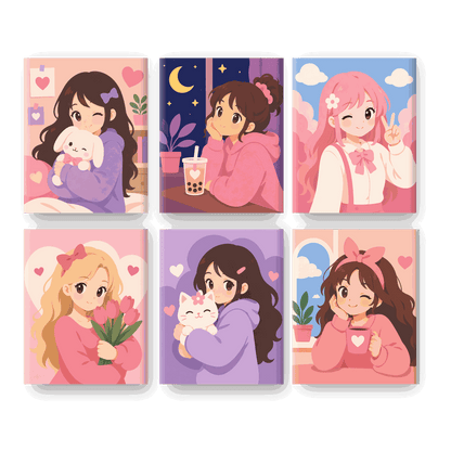 6 Mini Paintings - Kawaii Girl Set - Paint by numbers