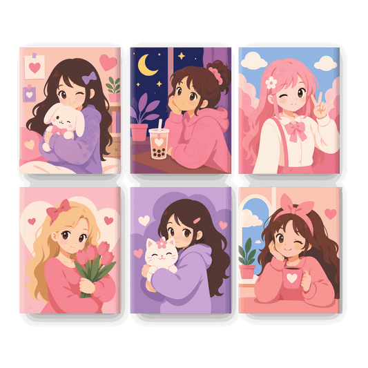 6 Mini Quadri - Kawaii Girl Set- Dipingi con i numeri