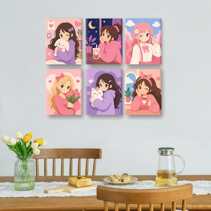 6 Mini Paintings - Kawaii Girl Set