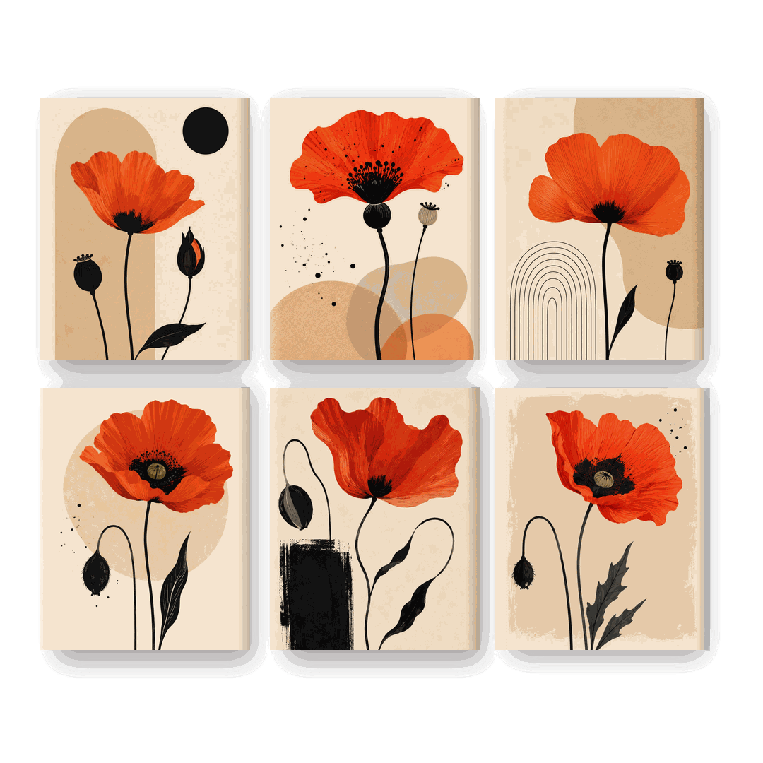 6 Mini Paintings - Red Poppy Set - Paint by numbers