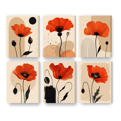 6 Mini Paintings - Red Poppy Set - Paint by numbers