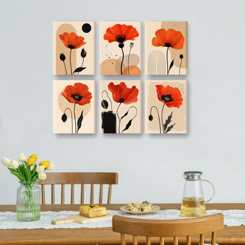 6 Mini Paintings - Red Poppy Set